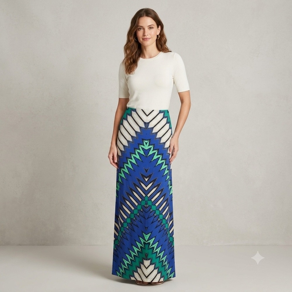 ECI New York‎ Maxi Skirt Womens Small Blue Green Geometric Chevron Boho Festival